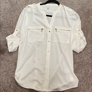 Calvin Klein Women's White Blouse with Gold Accents